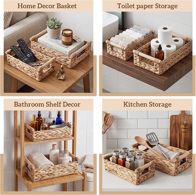 2 Pack Toilet Paper Storage Basket, Wicker Baskets for Bathroom, Water Hyacinth Baskets with Wooden Handles for over Toilet Storage Shelf, End Table, Shelves and More(Large&medium)