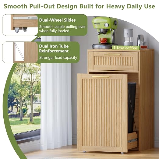 Single 13 Gallon Pull Out Trash Can Cabinet with Drawer, Garbage Cabinet | Pet Proof Hidden Trash Storage, Fluted Farmhouse Design, Space-Saving Kitchen Organizer, Dining Room Storage,Natural Oak
