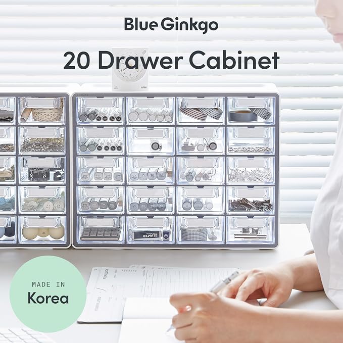Blue Ginkgo 20-Drawer Storage Cabinet Organizer, Grey, Made in Korea | Stackable. Adjustable. Easy Visibility.