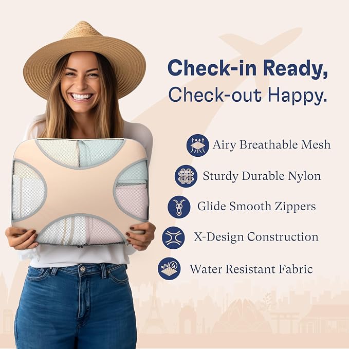 Shacke 8 Set Packing Cubes for Travel, Shoe & Toiletry Bags (Nude Biege) | Complete Suitcase Organizer Bags Set: 4 Luggage Packing Cubes + Laundry, Shoe, Toiletry & Accessories Bags for Any Trip