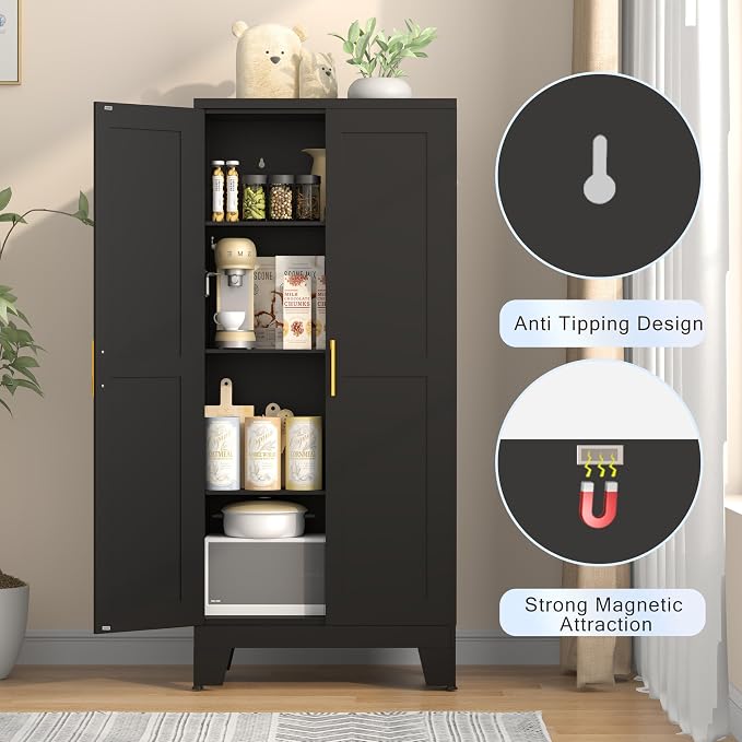 GAIOUS 61.02" Kitchen Pantry Cabinet, Black Metal Pantry Storage Cabinet | with 2 Doors and Adjustable Shelves, Food Storage for Kitchen, Living Room, Bedroom, Dining Room Sideboard Cupboard