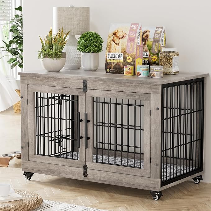 2 Pack Dog Crate Furniture, 38'' Heavy Duty Kennel with Cushion & Wheels | Grey, Double Doors, Wooden Dog Cage, Chew-Resistant, End Table, Decorative, 27"/32"/38"/44" Options, Indoor