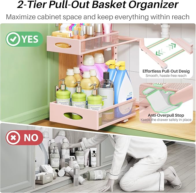 Under Sink Organizer, 2-Pack Pull Out Cabinet Organizer 2 Tier Metal Slide Out Storage Shelf Rack, L-Shaped Adjustable Height,Mesh Sliding Drawer for Kitchen, Bathroom, Laundry, Pantry, Pink, XL