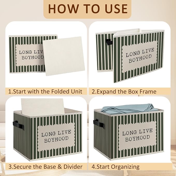 Kids Boy Nursery Foldable Storage Bins Box with Handles, Dark Green Striped Long Live Boyhood Decorative Storage Boxes Baskets Toybox Organizer for Kids Boy Nursery Room Bedroom Playroom