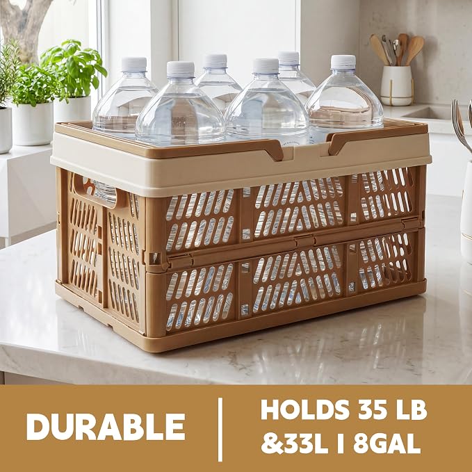 VALESKA 33L Collapsible Crate for storage, Plastic Milk Crate,17inch Collapsible Crates for Storage, Foldable Shopping Basket with Handles,Car Trunk Basket,for Kitchen(Brown)