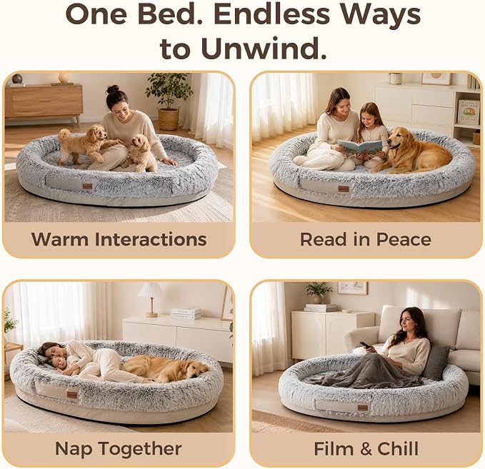 Human Dog Bed for Adult, 71"x48" Large Pet Dog Bed, Light Grey | Adult Dog Bed for Humans with Pillow & Blanket, Fluffle Cloud Dog Bed with Orthopedic Foam Bolster, Durable Zipper, Portable