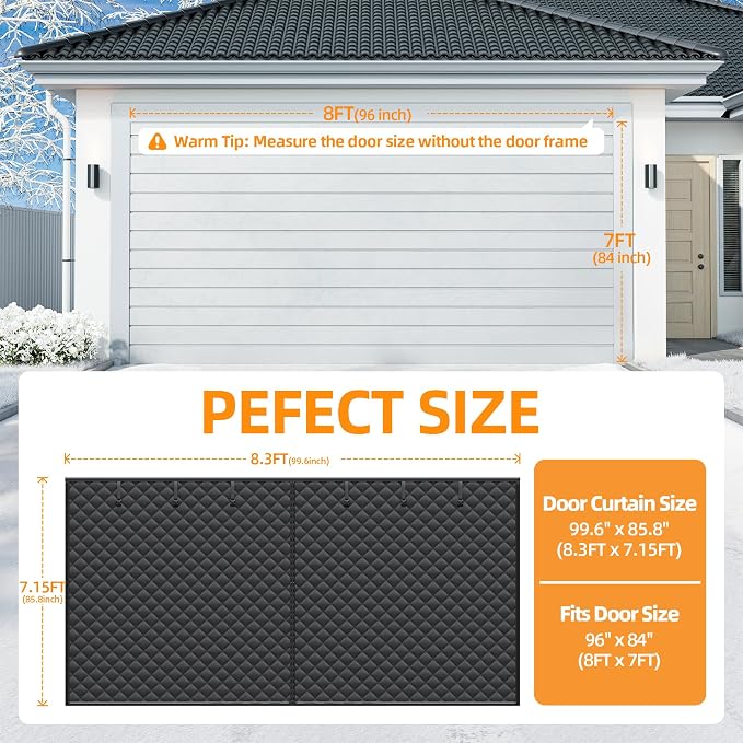 Car Garage Door Insulation Kit Fits 8x7 FT, Magnetic Thermal Insulated Door Curtain for Winter, Thermal Door Cover for Cold with Thickened Cotton, Garage Door Screen for 1 Car - Black