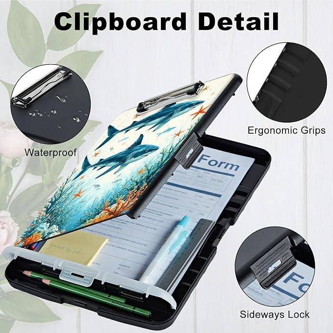 A4 Clipboard with Storage Pen Holder, Clipboards Organizer Nursing Clipboard Foldable File Folder Plastic Clipboard Folio Clip Board for Office Work Classroom Doctor, Tuna Under the Sea