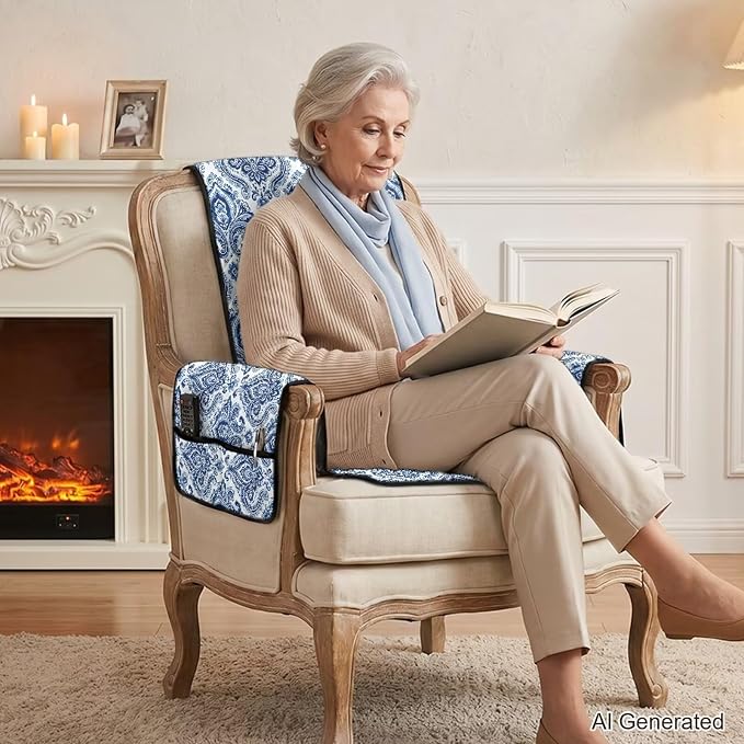 4 PCS Damask Recliner Chair Covers Blue Floral | Quilted Recliner Covers Washable Scratch Proof Retro Furniture Slipcovers Non Slip for Armchair Recliners Decor, Washable