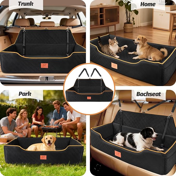 XIEEAOZEE Large Dog Car Seat for Dods Under 100 lbs, Memory Foam Dog Car Bed for Backseat & Trunk, Detachable and Washable Cover, Pet Travel Seat with Storage Pockets, 2 Safety Belts