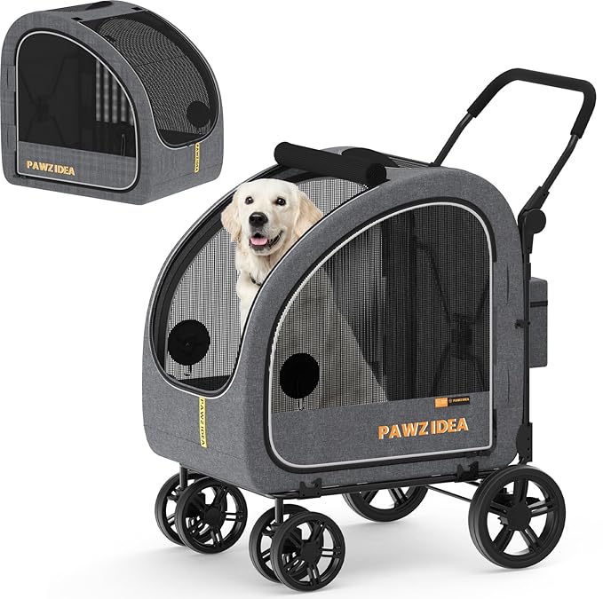 PAWZIDEA 3-in-1 Large Dog Stroller with Detachable Carrier, 45% Extra Tall | Dog Crate Car Travel for 2 Medium Dogs Sit Upright, Foldable Jogger Pet Stroller All-Terrain Up to 100lbs, Storage Organizer