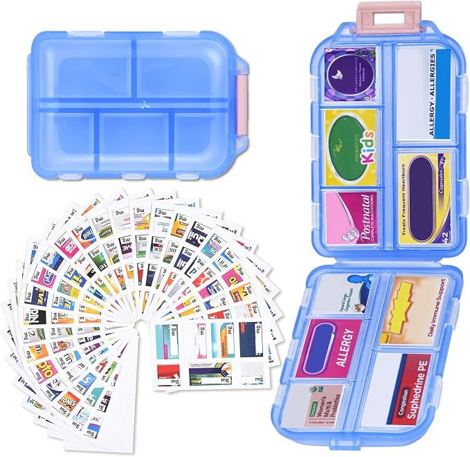 Large Travel Pill Organizer with 189 Stickers, 10 Compartments Travel Medicine Organizer Travel Pill Box Pill Case for Purse Airplane Car Nurse Vacation Essentials (Blue, 1 Pack)