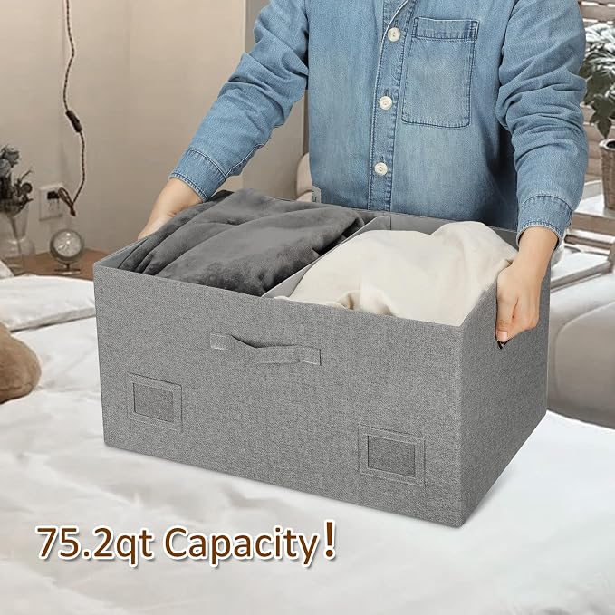 Graciadeco 75 Quarts Extra Large Decorative Storage Bins with Lids, 3 Packs Gray Collapsible Storage Bins with Lids, Stackable Storage Bins Decorative Box Storage With Lid Extra Large | 75 Quarts 3 Pack Gray1 Collapsible Stackable Linen Fabric 4 Handle...