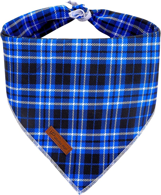 Christmas Dog Bandana, UP URARA PUP Blue Plaid Triangle Bid Scarf, Cotton Pet Kerchief for Girl Boy Dogs or Cats, Blue Winter Dog Bandana, Fancy for Puppy