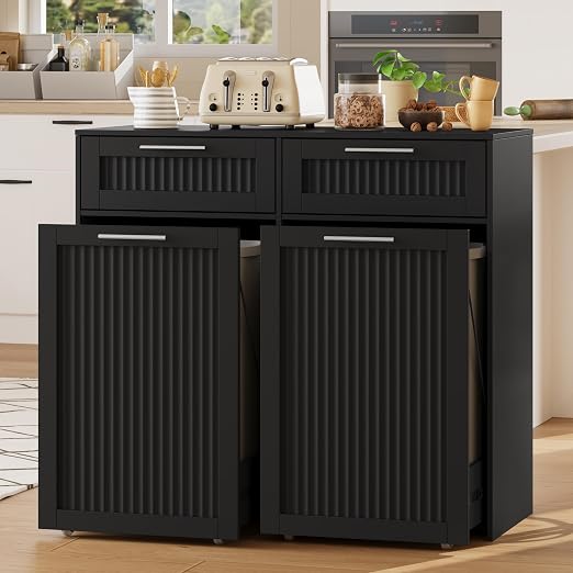 2 X 13 Gallons Pull Out Trash Can Cabinet, Double Trash Cabinet, Black | Fluted Kitchen Trash Cabinet with Drawers, Freestanding Hidden Garbage Pet Proof Trash Can Holder for Laundry, Living Room