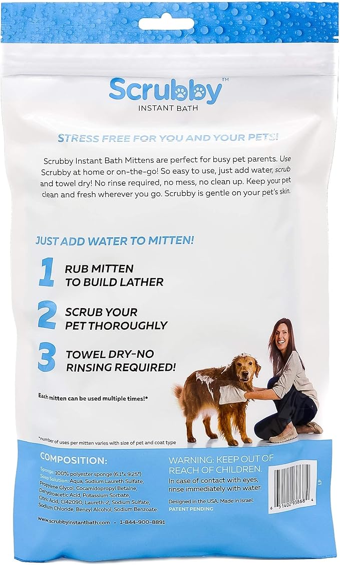 Scrubby Pet No Rinse Pet Wipes | Rinse Free Shampoo Mittens | Dogs & Cats | Bath Wipes - Bathing & Washing Pets, Hypoallergenic | No Rinse Wash Mitt | Grooming, Lather Wipe Dry - Pack of 10