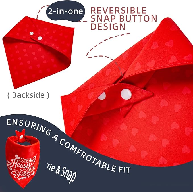 2-in-1 Holiday Dog Bandanas for Valentine's Day - Cute Lettering & Heart Pattern Costume Pet Scarf, 1pack Reversible Snap Button Bandana for Large & Extra Large Breed (75lbs+)