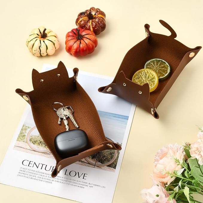 Craftdady 4 PCS Leather Valet Tray Foldable Sienna Cat-Shaped Catchall Tray