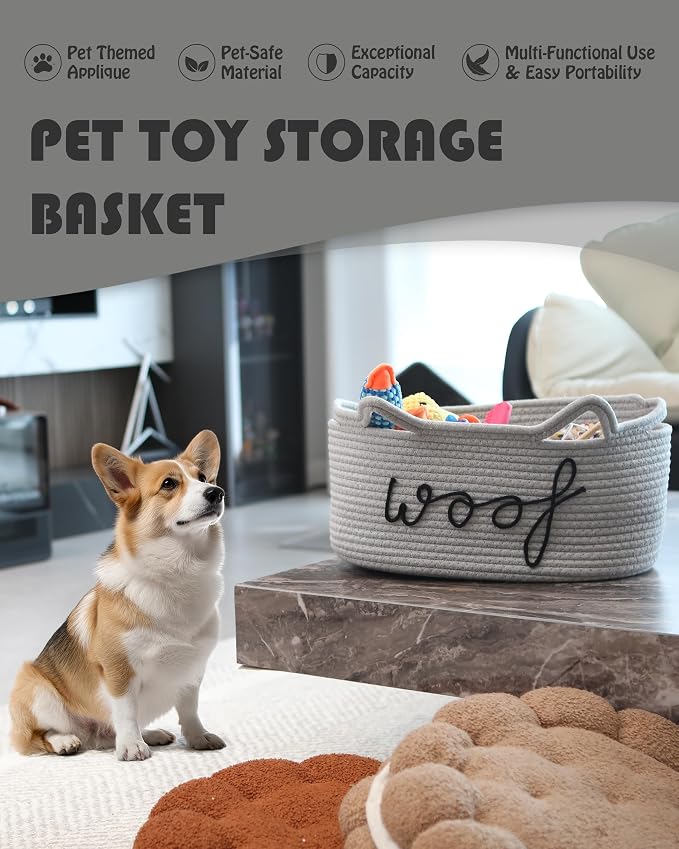 Sea Team Dog Toy Storage Basket with Handles and Ears, Gray Woof | Large Cotton Rope Storage Bin, Shelf Basket, Organizer for Pet Chew Toys, Foods, 16.5 x 11 x 7 Inches, 4.4 Gallons