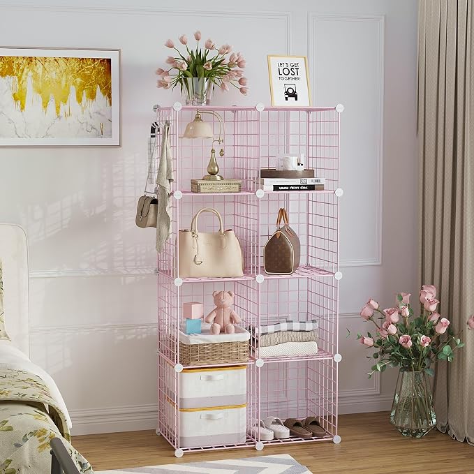 C&AHOME Wire Cube Storage, 8 - Cube Organizer Metal C Grids Units, Pink | Modular Shelves Units, Closet Organizer, Storage Bins Shelving, Ideal for Home, Office, Living Room