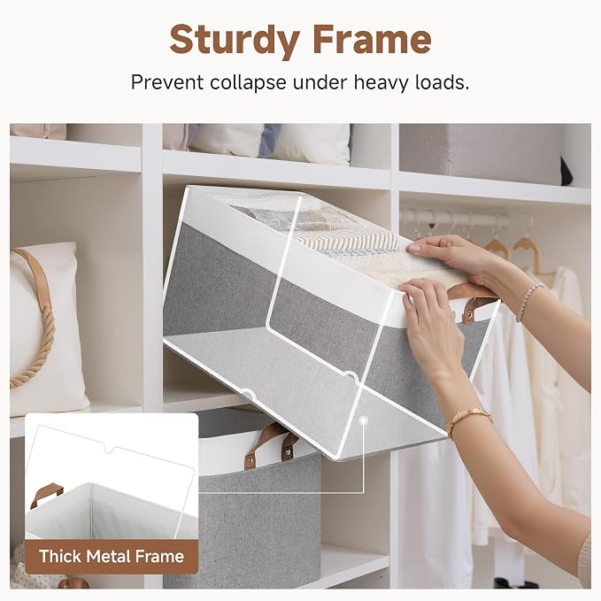 StorageWorks Fabric Storage Bins, Gray and White, Extra Large, 2-Pack | With Reinforced PU Handles, Metal Frame, Collapsible, Storage Basket for Shelves, Closet, Holds Clothes, Towels, Blankets