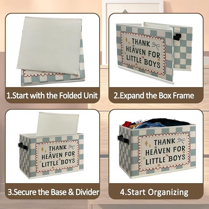 Boy Nursery Cube Storage Bins with Handles, Thank Heaven for Little Boys Blue Checkered Collapsible Fabric Storage Basket Boxes Books Clothes Organizer for Kids Boys Room Bedroom Bathroom