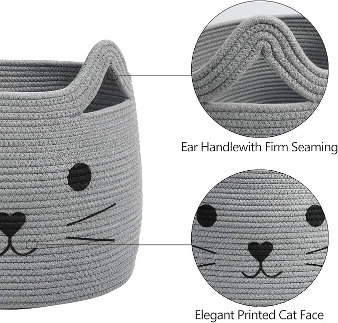 Large Woven Rope Cat Toy Basket with Cat Face Design, Grey | 15.7" x 11.8" Toy Bin & Box for Living Room Nursery, Baby Storage Basket for Towels, Blankets, with Sturdy Handles