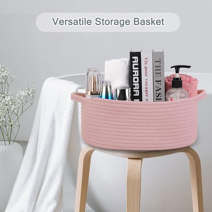 COMSE Empty Small Gift Basket with Bag & Ribbons, Dusty Pink | Cotton Rope, 12"x 8"x 5", Baby Toy Organizer, Stores Small Items for Bedrooms, Nurseries, Bathrooms, Living Rooms, Offices