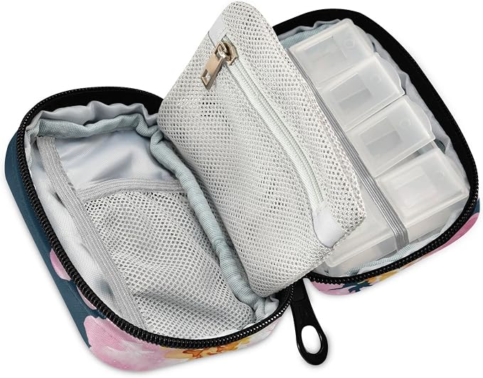 Custom Pill Box 7 Day Pill Case Bag Watercolor Floral Flower Personalized Name Travel Pill Organizer Bag with Zipper Portable Weekly Case Compact Size for Vitamin Supplement Holder