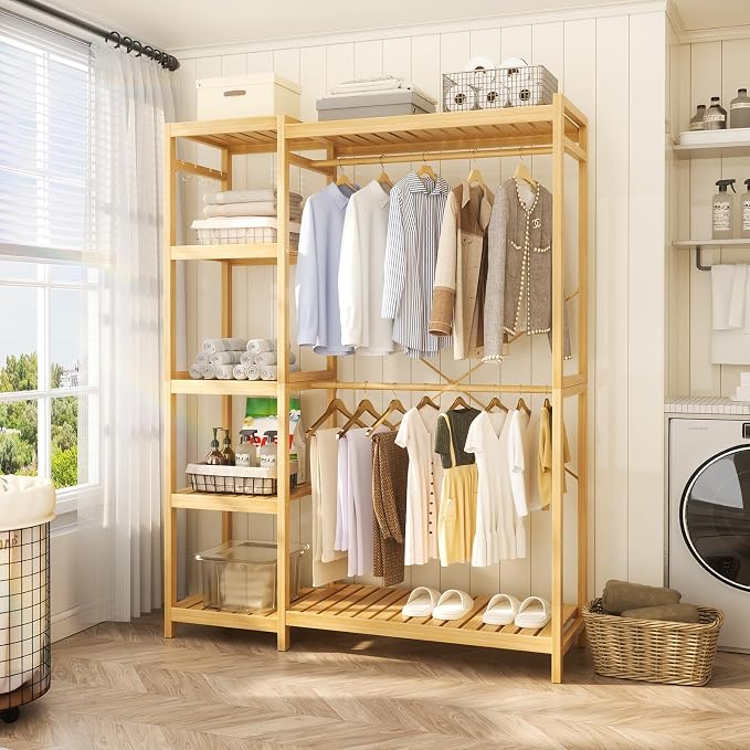 Bamboo Closet System Set of 2, 41.4” Wide Clothing Rack, 78.8” Tall | Freestanding Clothes Rack with 14 Adjustable Shelves, 4 Rods, 8 Hooks, Open Wardrobe Organizer, Wood Garment Rack for Bedroom