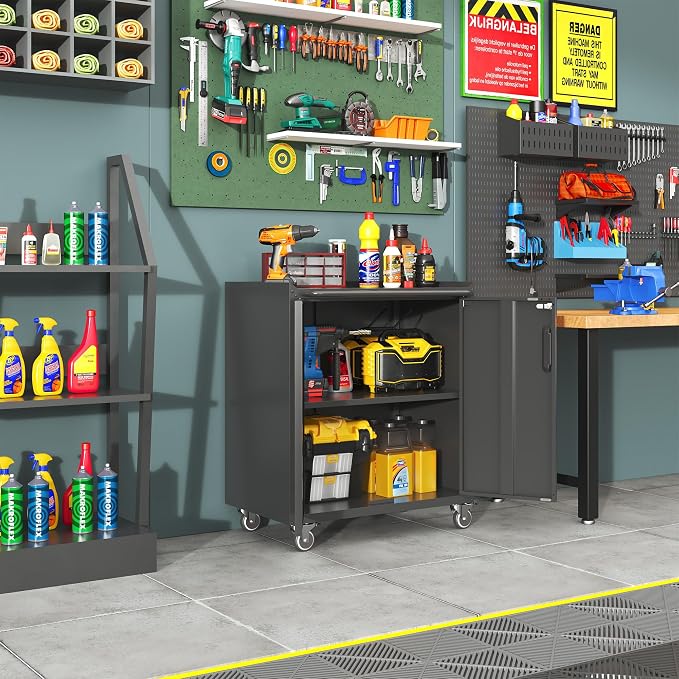 Metal Garage Tool Cabinet with 2 Lockable Doors & Wheels,Black | Steel Storage Cart,Heavy Duty Rolling Chests,Mobile Tool Cabinets,Assembly Required