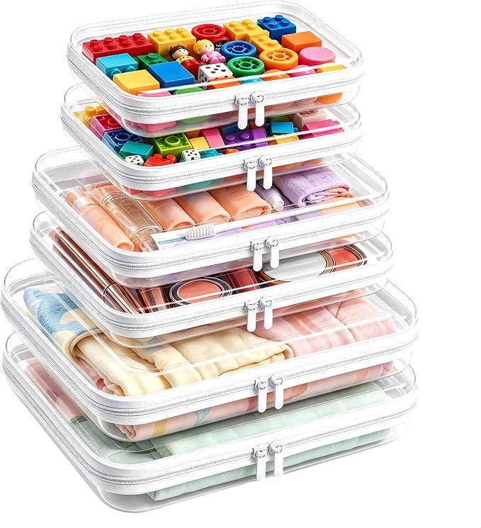Clear Hard Shell Zipper Case,Diaper Bag Organizer Pouches,Clear Zipper Pouches,TSA Approved Travel Toiletry Bag, Organizer Bins for Toy Storage, Makeup Organizer and Car Organization 2L+2M+2S-White