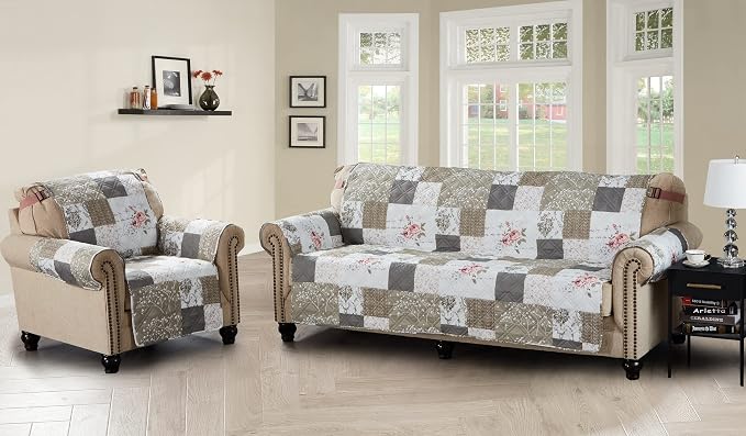Brilliant Sunshine Pink Rose & Grey Toile Couch Armchair Cover, 23" seat | Quilted Sofa Cover, Living Room & Bedroom Furniture Protector, Washable Chair Slipcover for Pets, Dogs & Cats