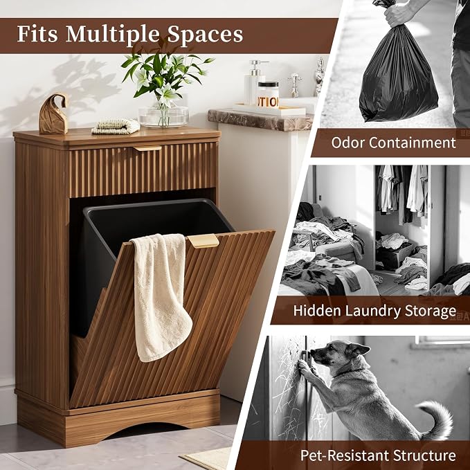 Dog Feeding Station with Storage Cabinet & 2 Elevated Bowls,Hooks,Walnut | Flip-top Sealed Food Bin.Pull-out Bowl Drawer with Wheels.Side Hooks for Leashes + Internal Shelf for Cans.For Dogs/Cats.