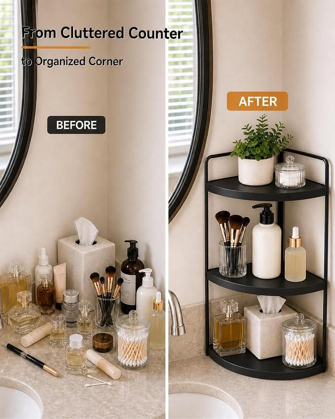 3-Tier Corner Bathroom Counter Organizer, Solid Pine Vanity Shelf, Black | Solid pine 3-tier corner shelf with 6.3 in clearance for tall bottles in bathroom, vanity, kitchen, or coffee bar.