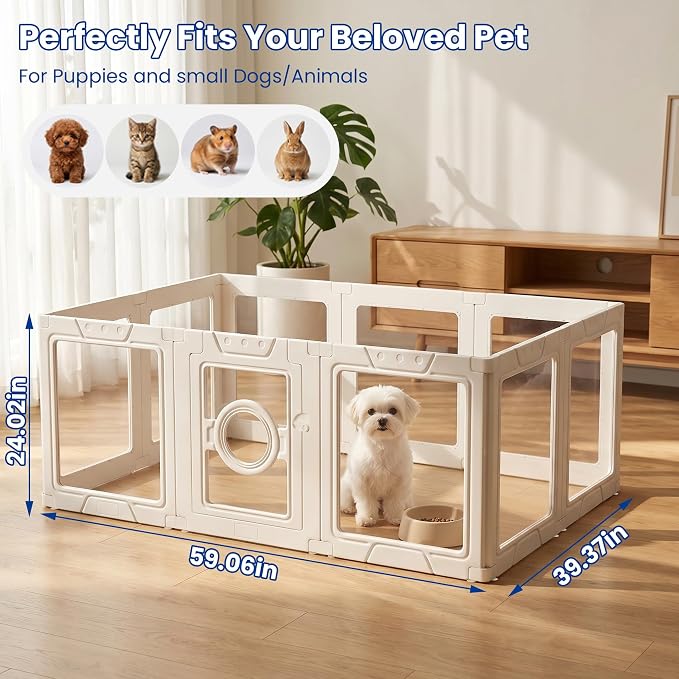 LEVELEVE Clear Acrylic Dog Playpen Indoor, Small Pet Play Pen for Puppy Cat Rabbit, Portable Dog Fence Crate Kennel Whelping Cage, 24" Height, White, 10 Panels