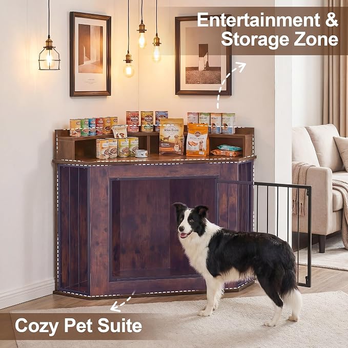 Corner Dog Crate Furniture for Small, Medium Dogs | Heavy Wooden Kennel, storage Shelves, Anti-Chew Design, Space-Saving, Indoor Use as TV Stand/Table