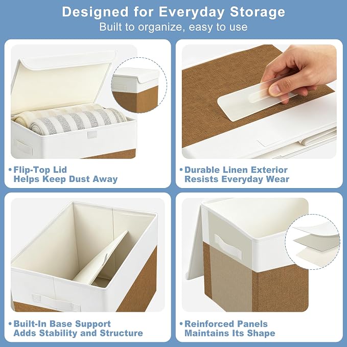 Large 22 Quart Linen Fabric Foldable Storage Bin Cube Organizer Basket with Flip-Top Lid & Handles, Clothes Blanket Box for Home, Office, Closet, Brown & White, 4 Pack 14.6 x 9.5 x 9.5