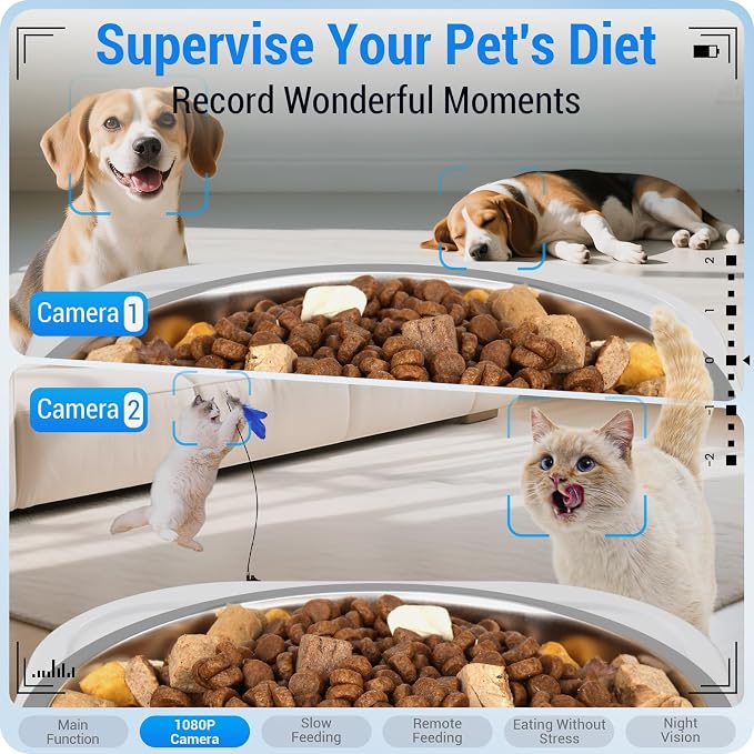 Frienhund Automatic Cat Feeder with Two 1080P Camera for 2 Cats: 7L Automatic Dog Feeder with Night Vision & Slow Feed, 5G WiFi Auto Cat Food Dispenser for Multiple Pet,Detachable for Clean(ACF180W-C)
