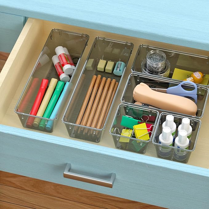 6 Pack Clear Drawer Organizer Set, Drawer Storage Trays, Storage Bins | Acrylic Drawer Storage Trays, Storage Bins for Makeup, Cosmetics, Jewelries, Utensils, Gadgets, Office