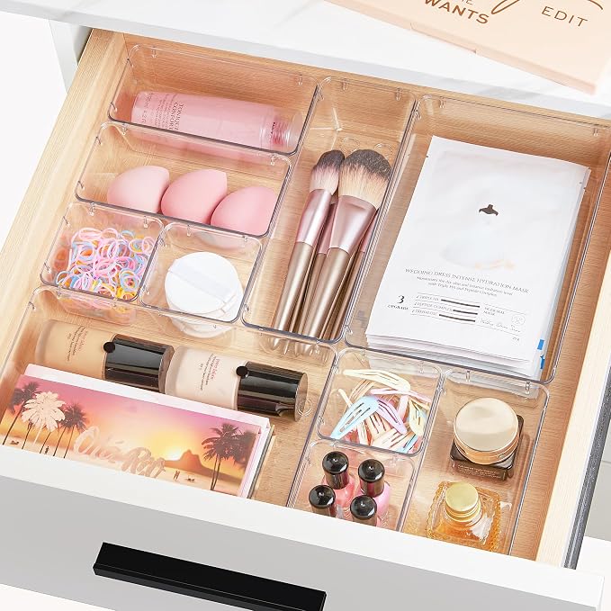Vtopmart 72 PCS Clear Plastic Drawer Organizers Set, 4-Size Versatile Bathroom and Vanity Organizer Trays, Non-Slip Storage Containers for Makeup, Jewelries, Bedroom，Kitchen Utensils and Office | 4-Size Versatile Makeup Organizer, Non-Slip Storage Cont...