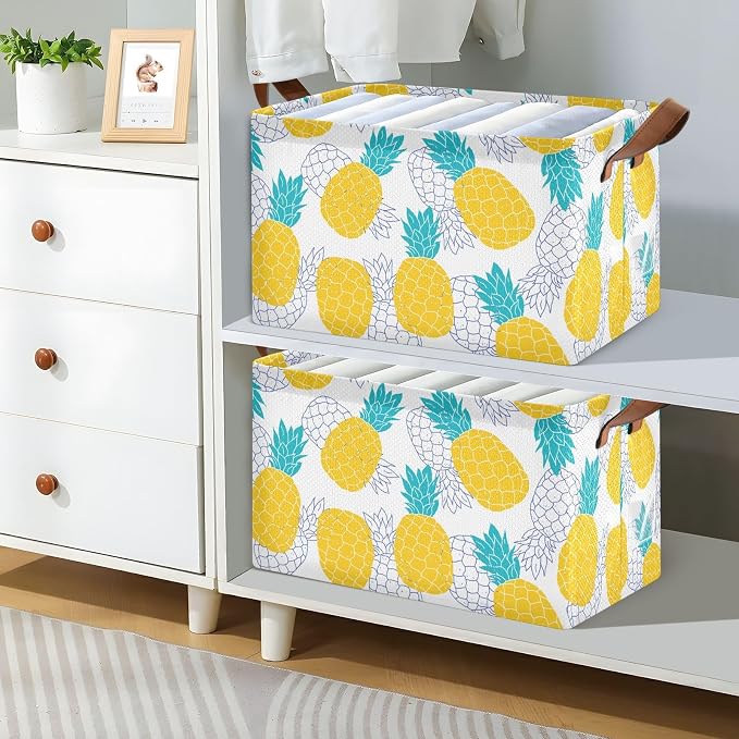 Aqua Blue and Yellow Pineapple Storage Basket Foldable Cube Storage Bins with Handles&Label Waterproof Collapsible Organizer Box Bin Large Rectangle Decorative Baskets for Shelves Home Room Laundry