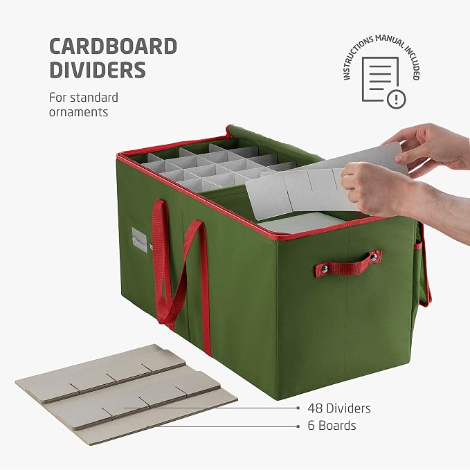 ZOBER Large Christmas Ornament Storage Box - Stores 128 3" Ornaments, With Dividers - Ornament Organizer Storage Box, Durable Christmas Containers Holder - Extra Pockets, Dual Zipper - Green