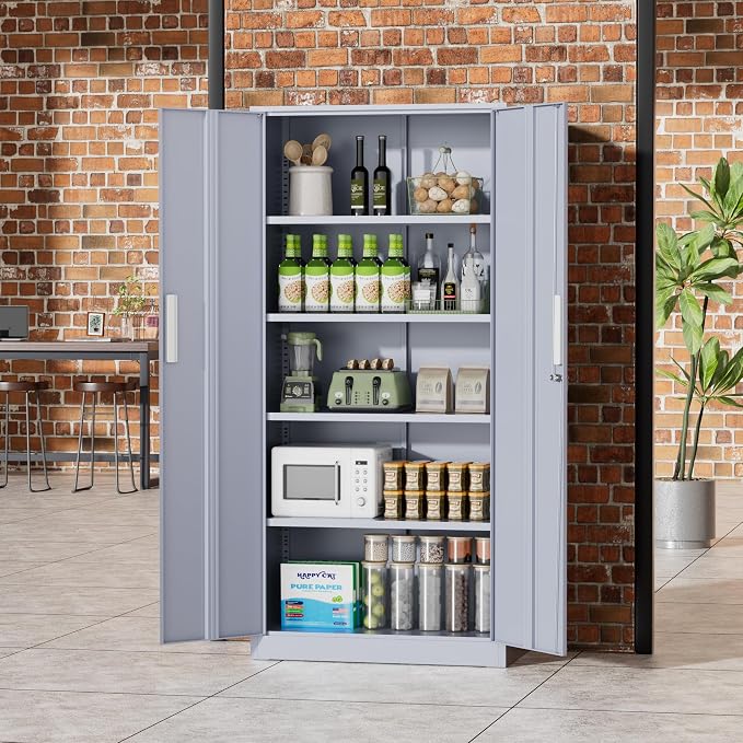 Greenvelly Metal Storage Cabinet,72" Locking Metal Garage Storage Cabinet with Doors and 4 Adjustable Shelves, Lockable Steel Cabinet for Home Office, Garage, Shop, School (Dark Grey 32" W x 16" D)