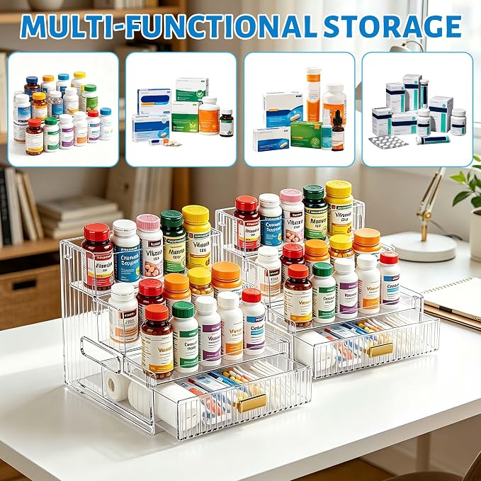 3-Tier Vitamin Storage Organizer with Drawers Organizer For Medicine Bottle | Organizer For Vitamin&Medicine Bottle,Vitamin Bottle Organizers for Countertop,Bathroom Cabinet Storage Organizer Multi-Bin