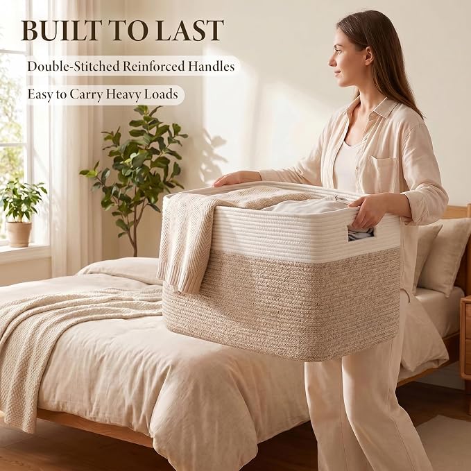 96L XL Large Cotton Rope Basket, Soft Toy Storage Bin for Nursery & Living Room, Decorative Blanket Basket for Bedroom, Baby-Safe Organizer for Pillows &Laundry, 24''×16''×15'', Brown & White