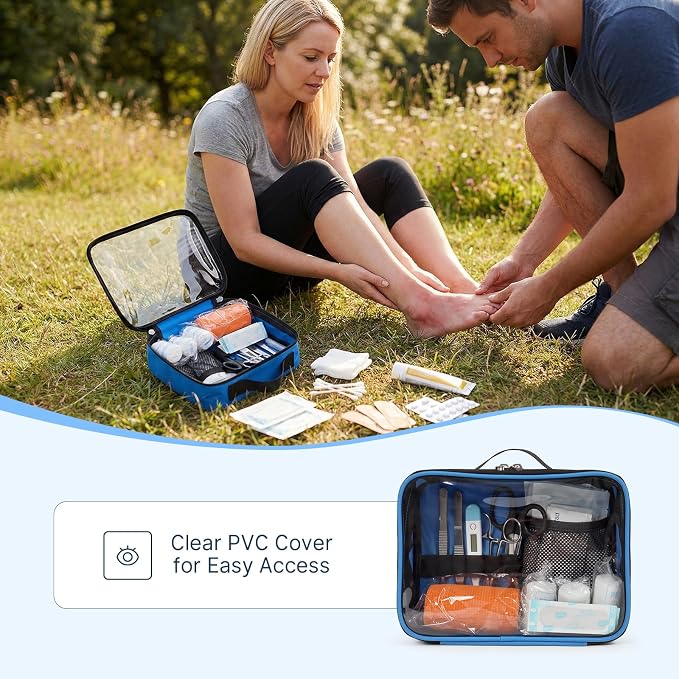 Empty First Aid Bag Clear PVC Waterproof Organizer Pouch Zipper Colored First Aid Kit for EMT Outdoor Travel (Blue)