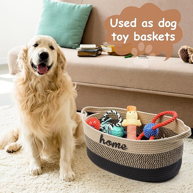 Dog Toy Basket Woven Baskets for Organizing Rope 22"X11"X7.9" Large Storage Basket with Handle Cute Cotton Nursery Gift Dog Toy Bins Organizer-Light Beige