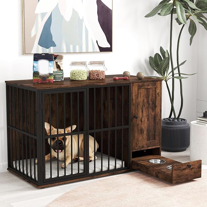 PETSITE 47.5-inch Dog Crate Furniture, Heavy-Duty Wooden Dog Kennel with Hidden Bowls in Pull-Out Drawer, Storage Cabinet, and Chew-Resistant Metal Frame, Industrial Style for Small & Medium Sized