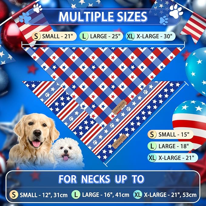 4th of July Patriotic Dog Bandanas, 2-Pack Triangle Reversible Pet Scarves, Premium Fabric, US American Flag Bandana for All Dogs (X-Large, Style 25-2)